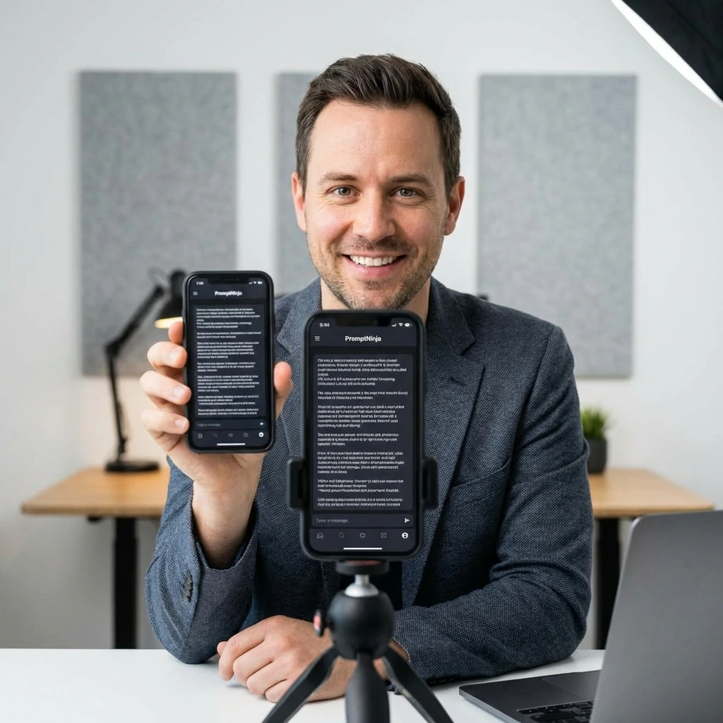 Person holding cell phone using teleprompter