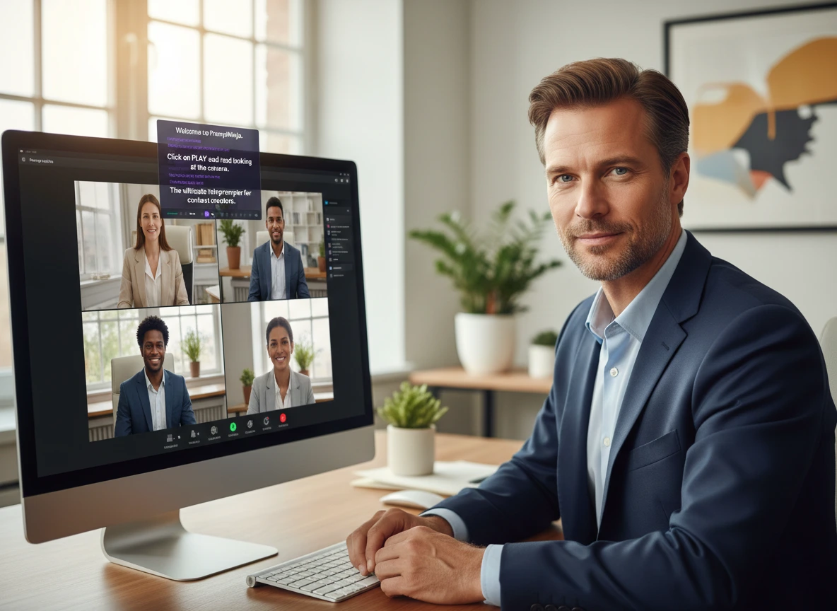 Executive using a teleprompter in a video conference