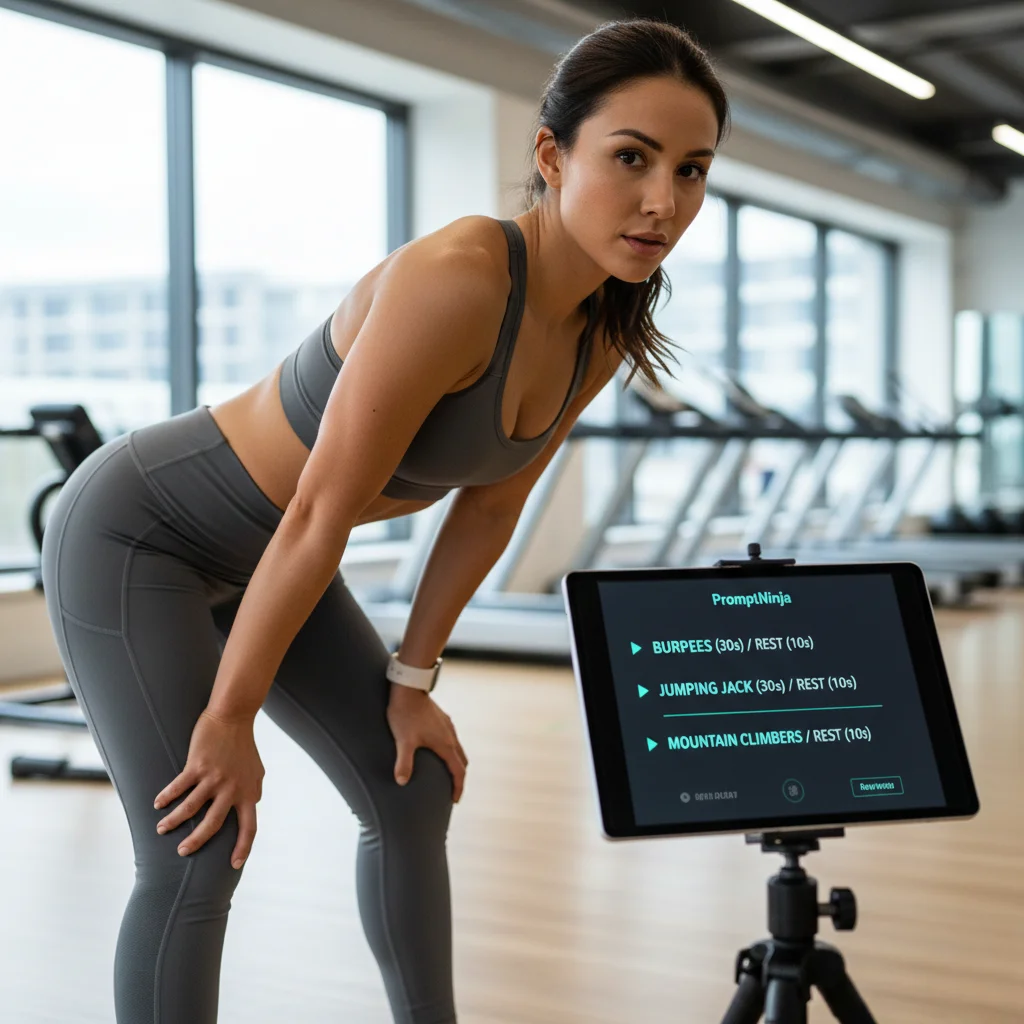 Fitness athlete using teleprompter to guide workout