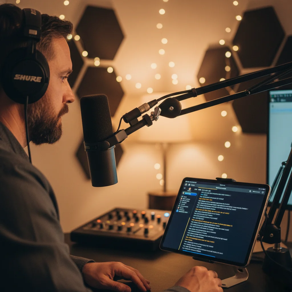 Podcast being recorded with a teleprompter