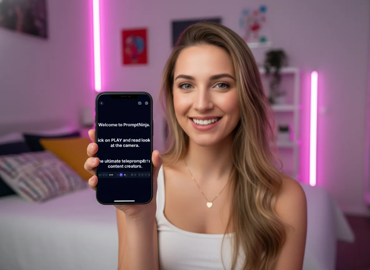 Content creator recording vertical video for TikTok with a teleprompter